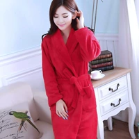 Áo ngủ nữ mùa thu và mùa đông dày flannel tay áo dài dễ thương áo choàng tắm nam san hô nhung đồ ngủ nhà dịch vụ đám cưới màu đỏ áo choàng đôi