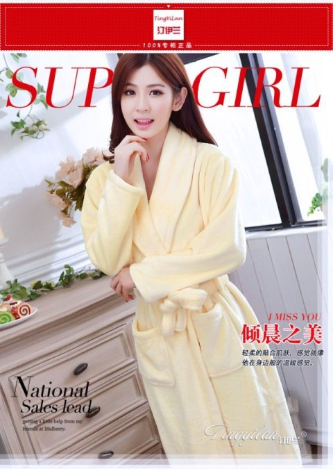 Bộ đồ ngủ màu vàng của phụ nữ mùa thu và mùa đông dày flannel áo choàng dài tay áo tắm nam san hô nhung đôi yukata dài pijama đôi