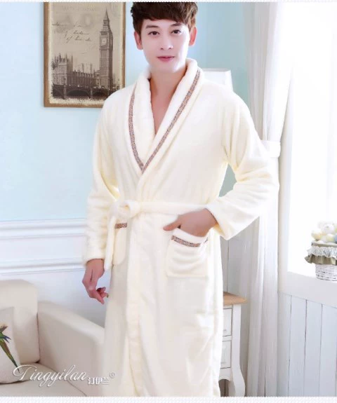 Váy ngủ nam dày flannel thu đông và đồ ngủ nhung san hô nhung nam áo choàng dài tay màu be 2018 mới do ngu
