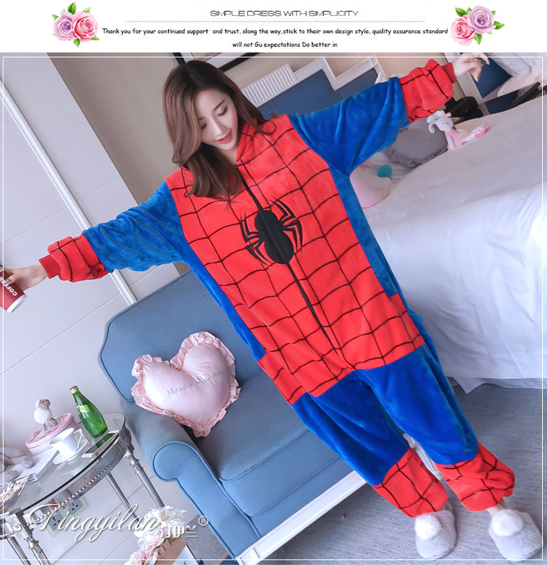 Mùa đông flannel động vật đồ ngủ một mảnh nam và nữ người nhện dịch vụ nhà vệ sinh phiên bản căn hộ dễ thương đồ ngủ nữ quần áo ngắn