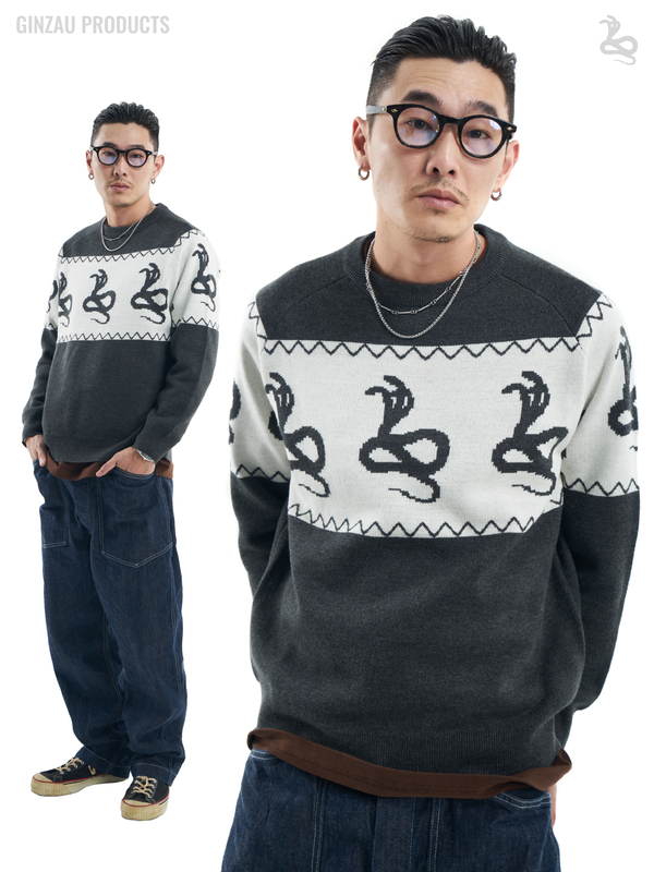 Ginzauproducts|Wool Blended Pullover Crew Neck Sweater with Three Snake Pattern American Retro Knot