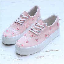 2021 new green beads female hand painted pink small watermelon thick bottom canvas muffin Korean version of Japanese Sen Cute graffiti shoes