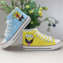 Hand-painted canvas SpongeBob SquarePants High-help students new womens flat lace-up yellow-green breathable graffiti shoes