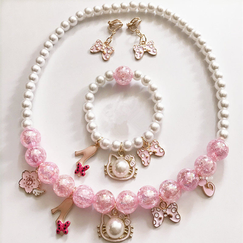Export Europe and the United States new rabbit accessories children's pink color necklace bracelet ear clip set princess jewelry belt