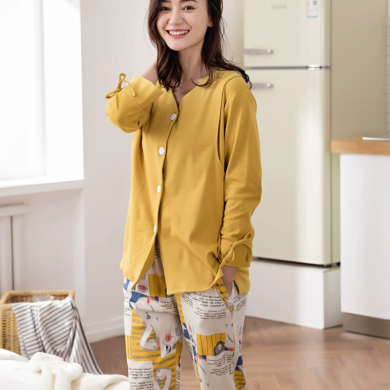 Quần áo giam giữ mùa xuân và mùa thu quần áo cotton tinh khiết bà mẹ xả quần áo sau khi cho con bú sữa mẹ cho con bú quần áo dịch vụ tại nhà phù hợp với mùa thu phụ nữ mang thai đồ ngủ - Giải trí mặc / Mum mặc