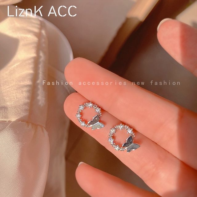 s925 silver small and exquisite full diamond circle butterfly earrings female summer niche design earrings 2022 new trend