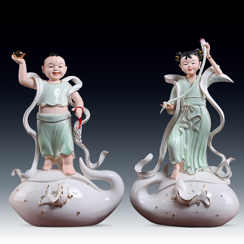 Dai Yutang ceramic good fortune boy dragon girl a pair of Buddha statues enshrined in the family Golden Boy Jade Girl doll statue high-end ornaments