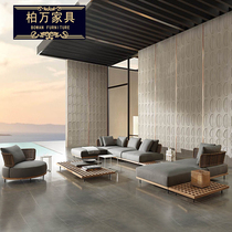 Teak outdoor sofa courtyard rattan furniture outdoor anti-corrosion solid wood sofa hotel terrace leisure rattan chair sofa