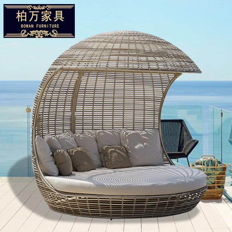 Rattan reclining bed outdoor beach swimming pool personalized custom creative round lazy twin bed sofa bed recliner outdoor