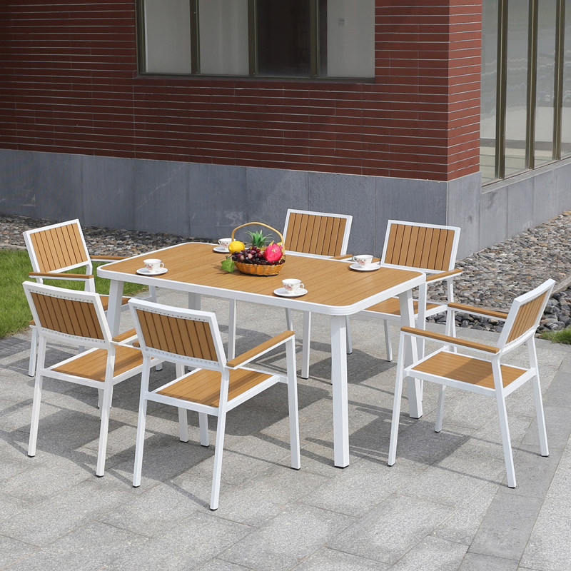 Outdoor table and chair courtyOutdoor Plastic Wood Villa Terrace Cafe Cafe Leisure Area Commercial Street and Chair Combination
