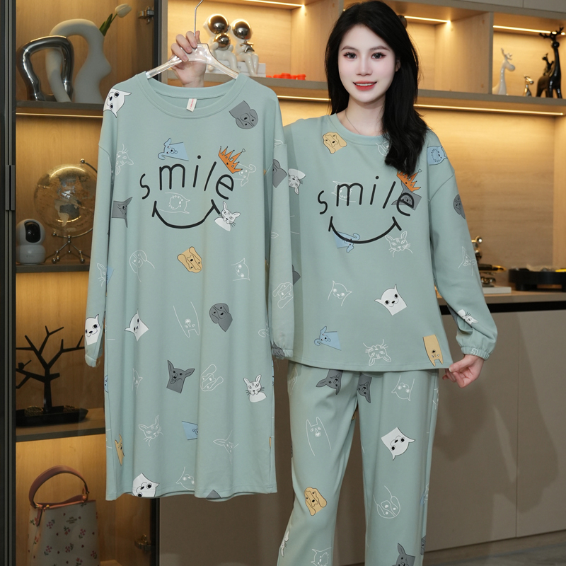 Pajamas for Women, Spring and Autum Long-Sleeved Cartoon Knitted Over-The-Knee Nightgown, Spring and Autum Style Suit, Outer Wear, Home Wear, Three-Piece Set