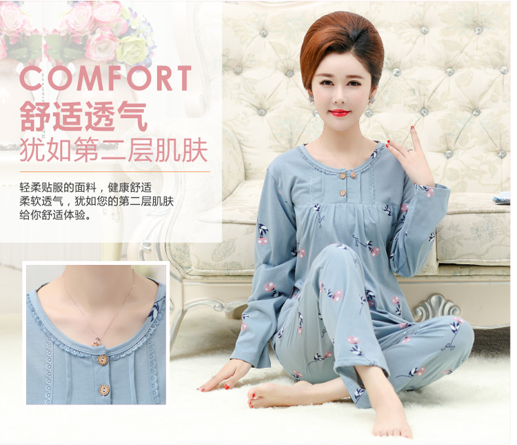 Đồ ngủ nữ trung niên mùa xuân và mùa thu cotton dài tay XL phù hợp với mẹ đồ bộ thun