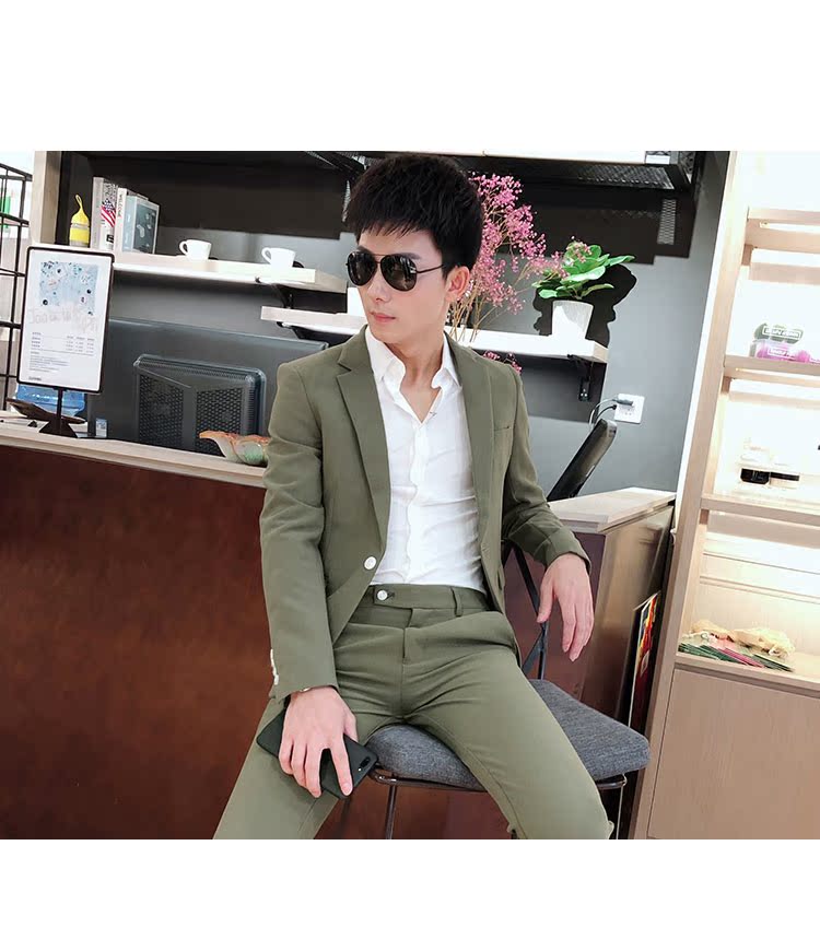 2018 mới thời trang phù hợp với nhỏ phù hợp với nam mỏng phù hợp với hộp đêm Hàn Quốc nhà tạo mẫu tóc chàng trai nhỏ phù hợp với hai bộ thủy triều quần kaki