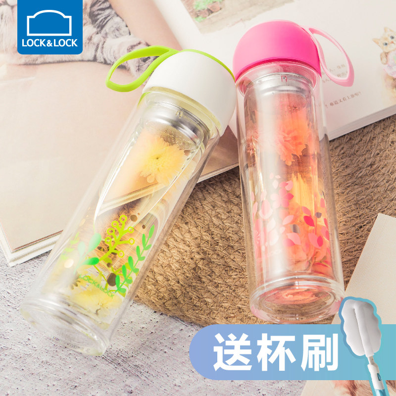 Lock lock lock double heat-resistant high borosilicate glass water cup Portable creative office cup with lid filter 350ml
