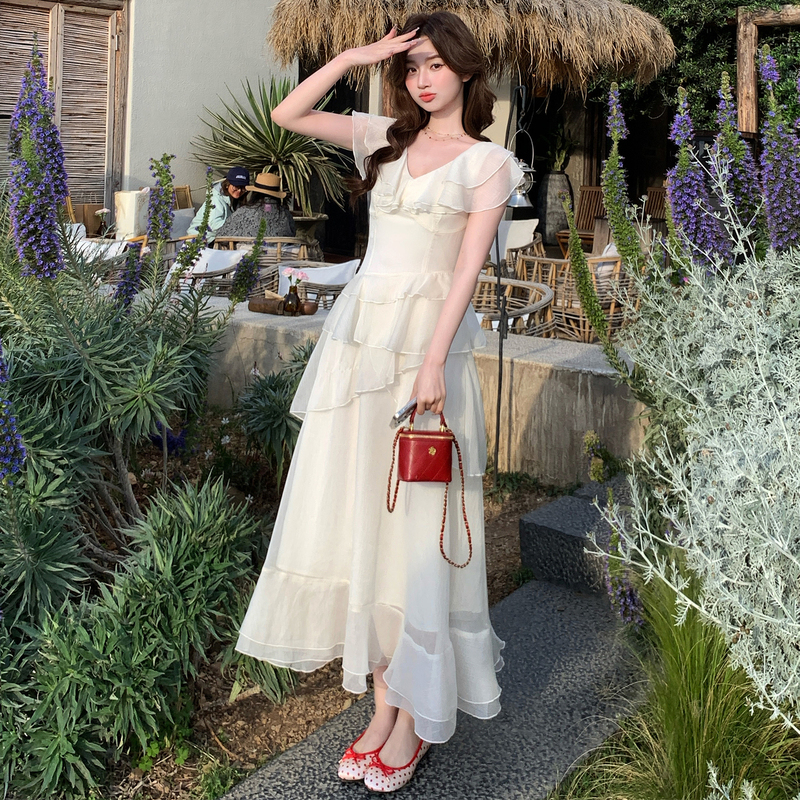 Summer French-Style Ruffled V-Neck Flutter-Sleeve Waist-Cinching A-Line Irregular Dress Mid-Length Tiered Dress for Vacation