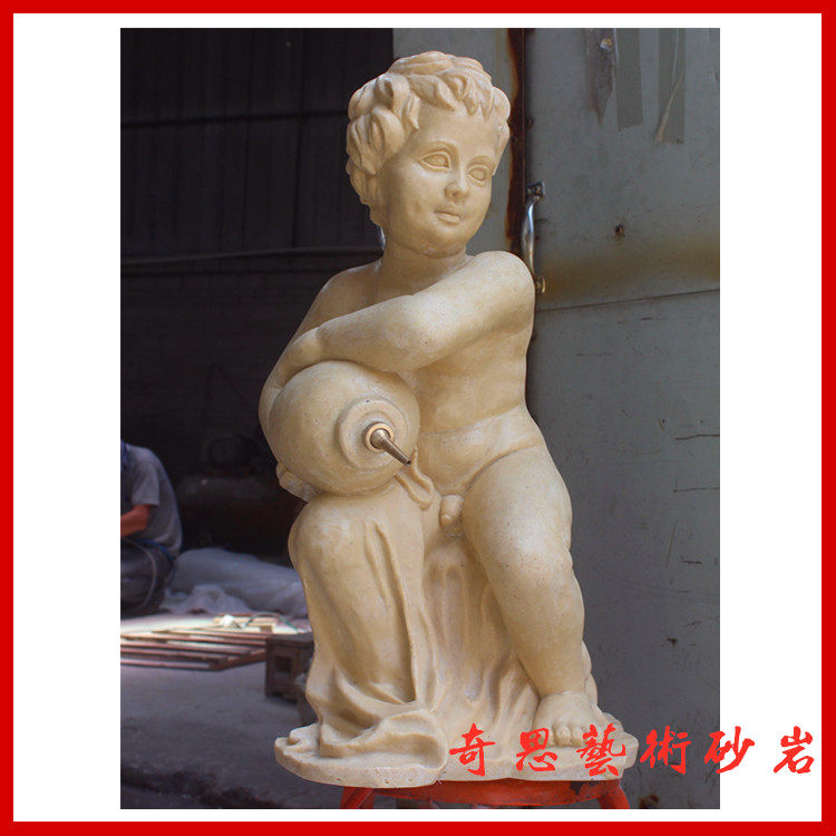 Sandstone figures Sculpture Holding Jar Small Children's Round Carved European Style Relief Landscape Spray Pool Sculpture Hotel Villa Renovation