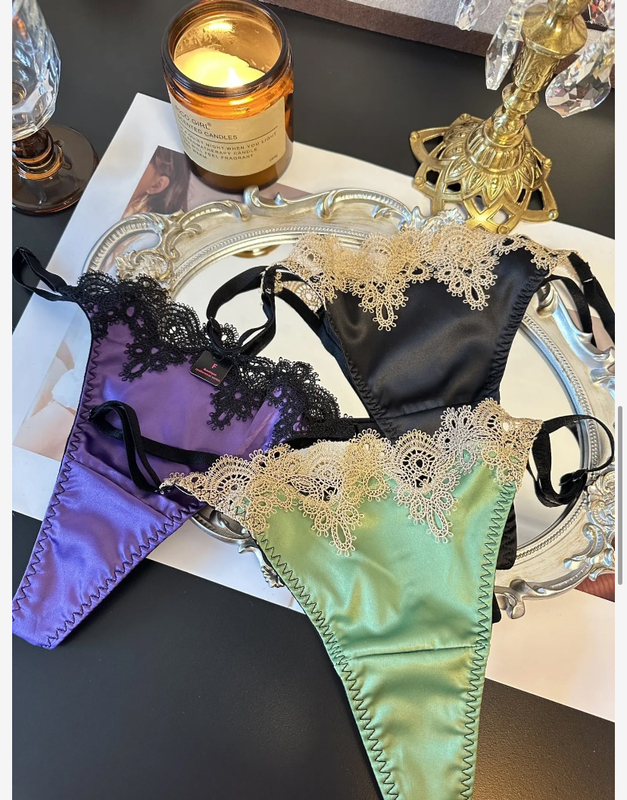 Sexy Black Satin Panties with Water-Soluble Edges, Shiny Satin, Sexy Women's Briefs, Thong, Retro Style T-Pants