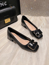 TEA EGG~(full size granny shoes) genuine leather square toe shallow mouth single shoes for women with metal buckles versatile thick heel granny shoes