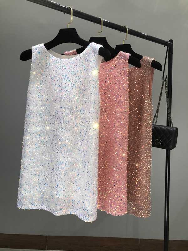2021 New Korean Style Loose Tank Dress Internet Celebrity ins Mid-Length Sequin Slim Fit Shiny Dress