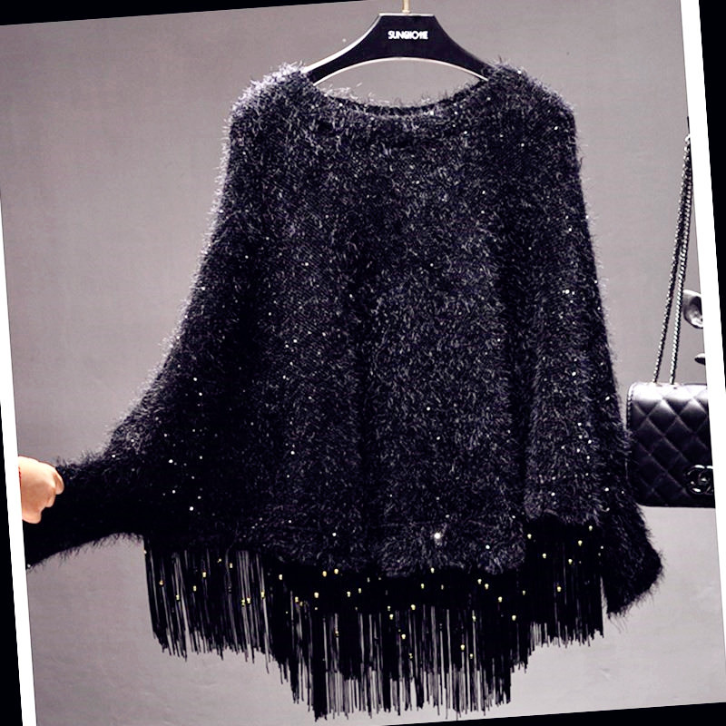 Autumn and Winter Sequin Tassel Loose Cape Shawl Pullover Sweater Thickened Knitted Coat Batwing Top for Women