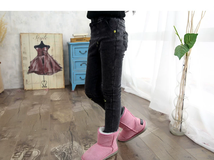 Quần bé gái quần jeans cộng với nhung dày mùa đông Phiên bản Hàn Quốc của quần dài trong quần dài trẻ em co giãn Slim triều quần jean trẻ em xuất khẩu