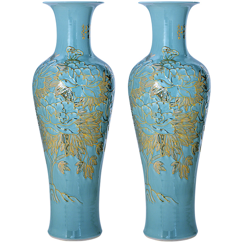 Jingdezhen ceramic paint large vase celadon carving flower arrangement sitting room adornment is placed large Chinese style hotel
