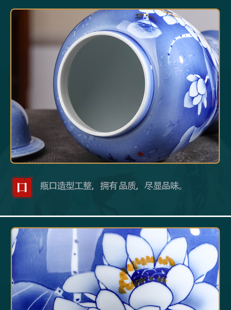 Blue and white porcelain of jingdezhen ceramic tea Chinese tea pot with cover seal storage jar decorations furnishing articles
