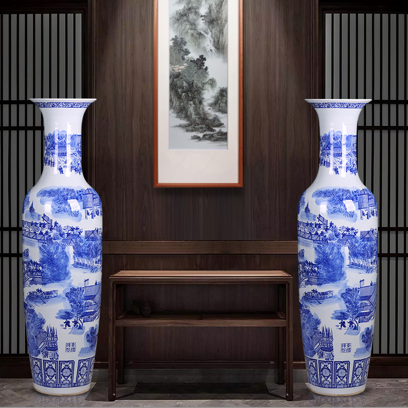 Jingdezhen blue and white porcelain ceramic vase qingming scroll furnishing articles extra large open living room floor decoration restoring ancient ways