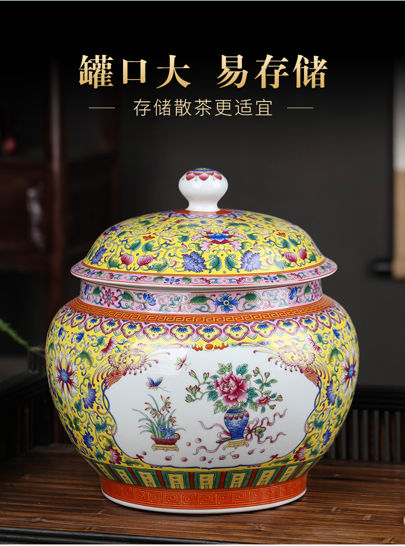 Jingdezhen ceramic colored enamel large moistureproof pu - erh tea and tea caddy fixings household restoring ancient ways with cover seal storage tank