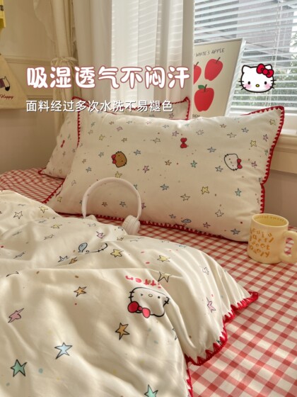ins Wind Cartoon Cat Pure Cotton Four-Piece Set 100% Cotton Bed Sheet Duvet Cover Quilt Cover Fitted Sheet Dormitory Bed Three-Piece Set