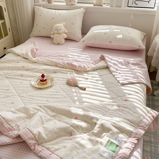 Summer Cool Quilt, Single Pure Cotton Air-Conditioned Quilt, Machine Washable Thin Quilt, Children's Dormitory Summer Quilt Four-Piece Set