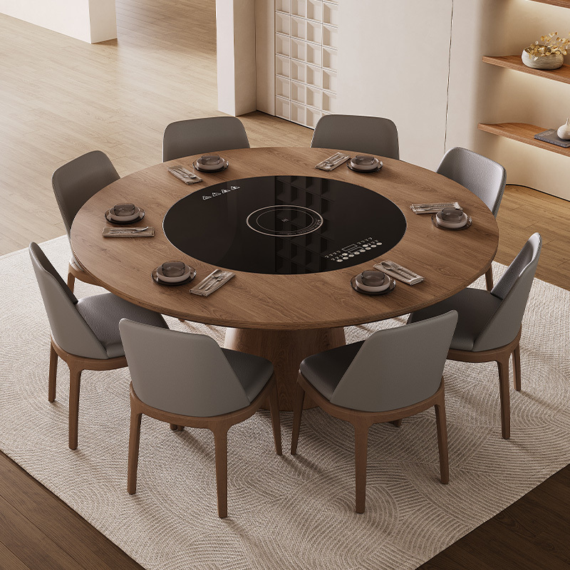Solid Wood Round Dining Table with Built-In Induction Cooker Turntable for Home Use, Suitable for Small Apartments, Modern Simple Retro Style, Walnut Color Dining Table