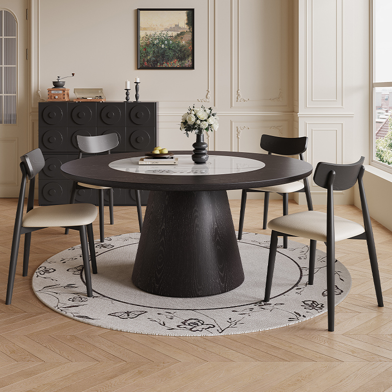 Induction Cooker Warming Plate, Vintage-Style Solid Wood Large Round Dining Table, Modern Simple Black Household Large Apartment Dining Table