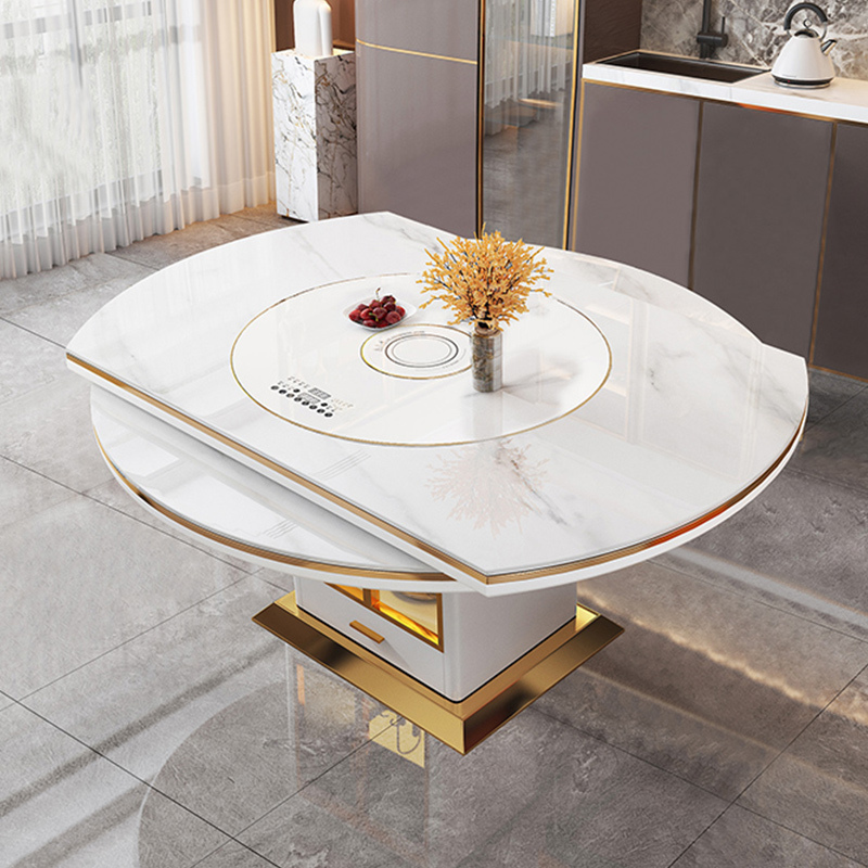 Light Luxury Built-In Turntable Induction Cooker Slate Dining Table for Home Small Apartment Retractable Round Multi-Functional Folding Table