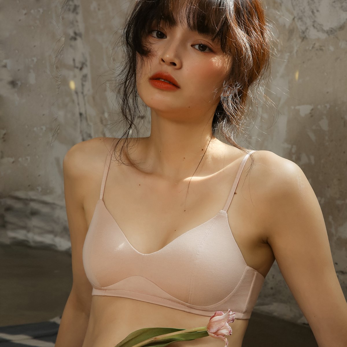 Japanese rimless spring and summer bra Large chest small thin section girl small chest gathered student Modal cotton underwear