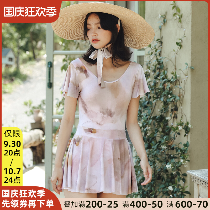 Retro swimsuit, young lady, Korean ins style, short-sleeved skirt, covering the belly, slimming, conservative, one-piece swimsuit