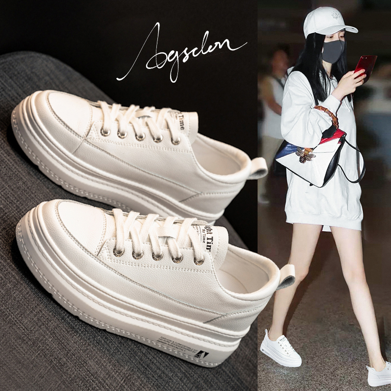 Genuine leather small white shoes women 100 hitch 2022 Summer new women's shoes Inner heightening thick bottom casual net red pine pastry white shoes spring