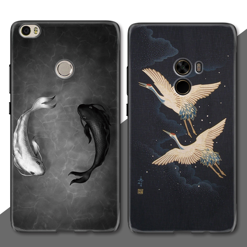 Chinese wind black and white carp Xiaomi mix2s mobile phone protection shell mix2 full package anti-fall max2 protective sleeve max frosted reliefs Mix fly crane male and female personality creative landscape