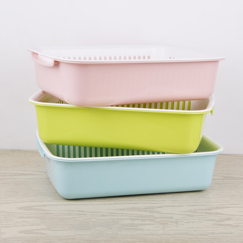 Double layer drainage basin plastic bowl chopsticks filter water basket leaky pot fruit and vegetable basket storage basket rectangular food grade