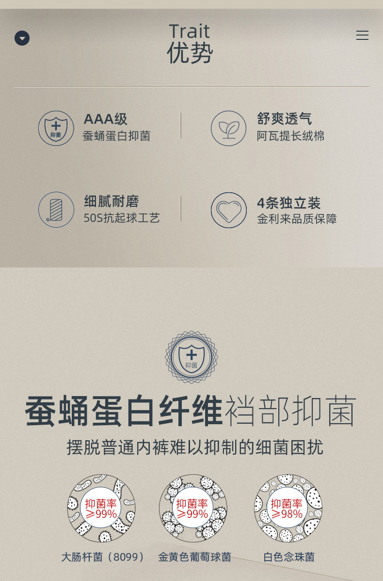 金利来 50支阿瓦提长绒棉 4条 AAA级蚕蛹蛋白抗菌 图2