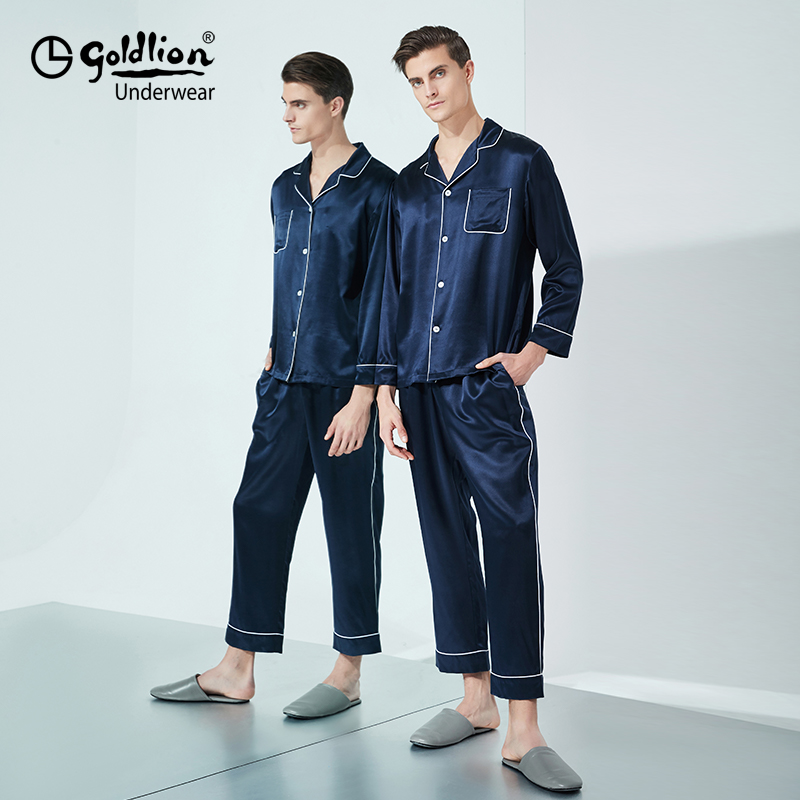 Jinlilay 100% mulberry silk men's home clothing pajamas set Spring and Autumn long sleeve trousers loose leisure youth