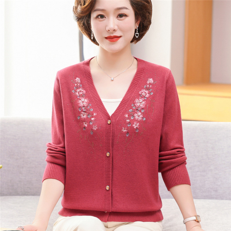 Middle-Aged and Elderly Women's Spring and Autumn Knitted Cardigan, Women's V-Neck Sweater Jacket, Embroidered Loose Cardigan, Stylish Top