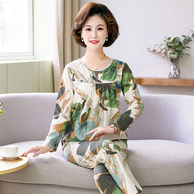 17妈妈睡衣女春秋款纯棉长袖中老年加大码宽松女士套装家居服夏
