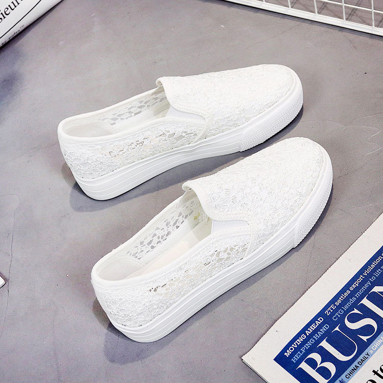 Spring New Lace Canvas Shoes for Women, Breathable Student Slip-On Thick-Soled Hollow Loafers, Slip-On White Shoes