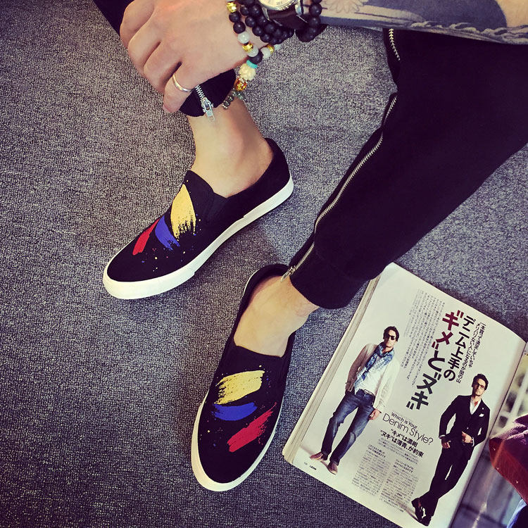 Japanese men's shoes spring men's floral cloth shoes slip-on shoes all-match breathable casual graffiti canvas shoes men's tide