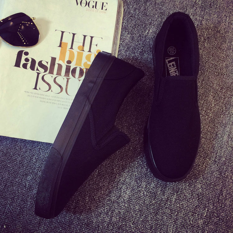 Couple set feet boys sneakers pure black work shoes Korean version flat shoes all black canvas shoes women's low-top cloth shoes