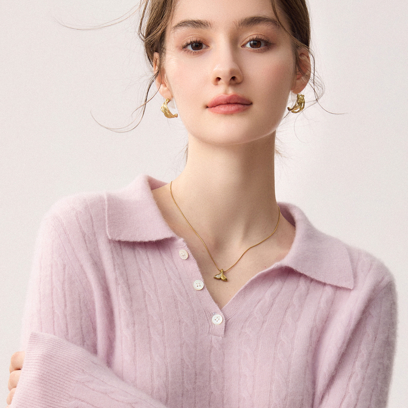 Mengjinjiao 100% Pure Cashmere Sweater for Women, Polo Collar, Twist Pattern, Buttoned, Long-Sleeved Pullover Knitwear
