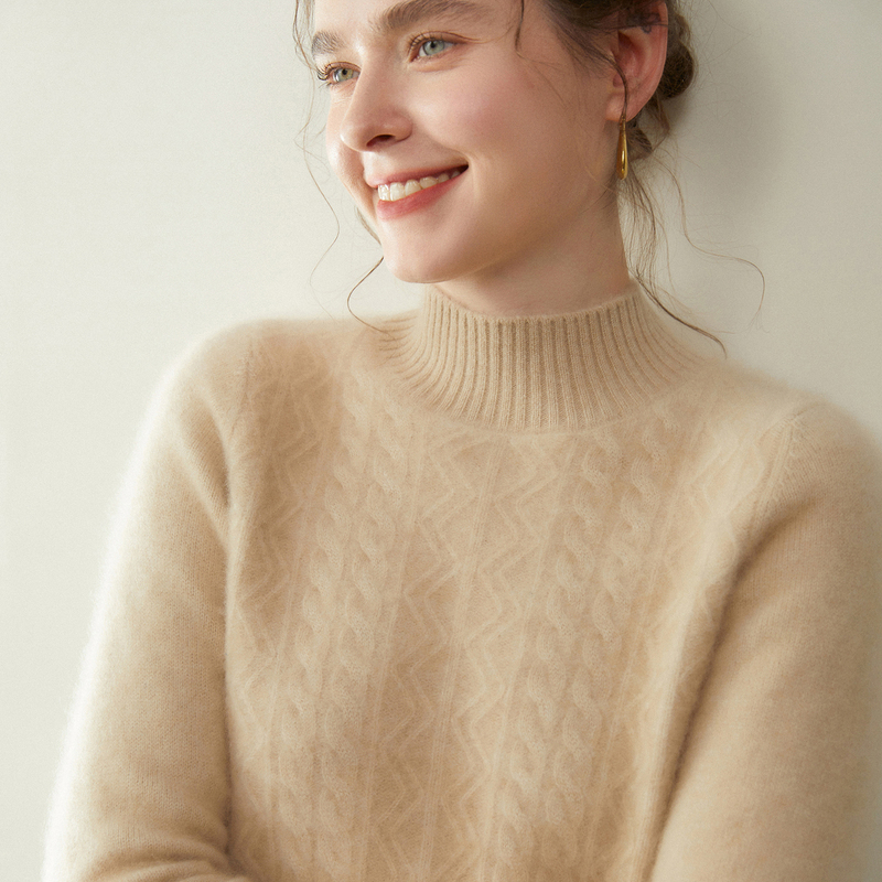 Meng Jinjiao Little Goat Double-Layer Thickened Half-Turtleneck Cashmere Sweater for Women, Twisted Pattern Base Layer Sweater