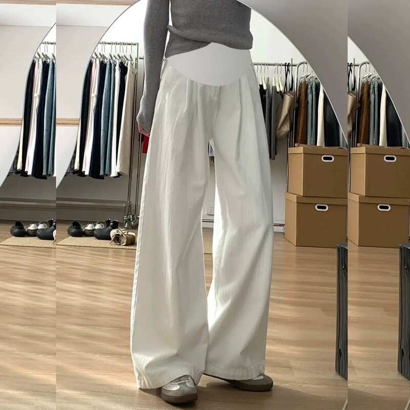 Dhwa White Denim Maternity Pants, New Spring and Autumn High-Waisted Wide-Leg Pants, Loose Drape Straight-Leg Belly-Support Long Pants