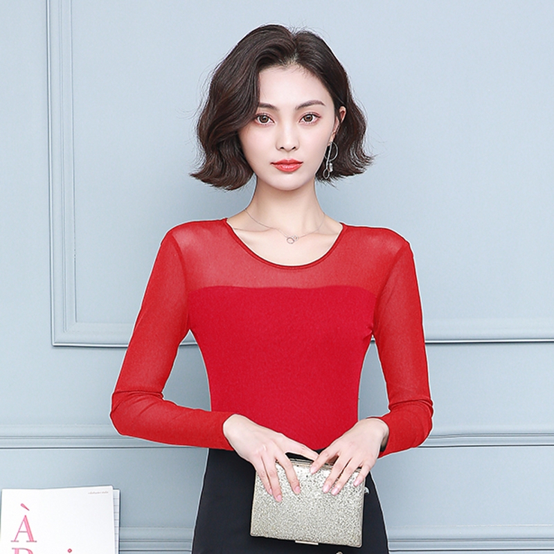 Bright Red Round-Neck Mesh Base Shirt for Women, New Spring, Autumn, and Winter Long-Sleeve T-Shirt, Lace Top, Thin Mesh Shirt
